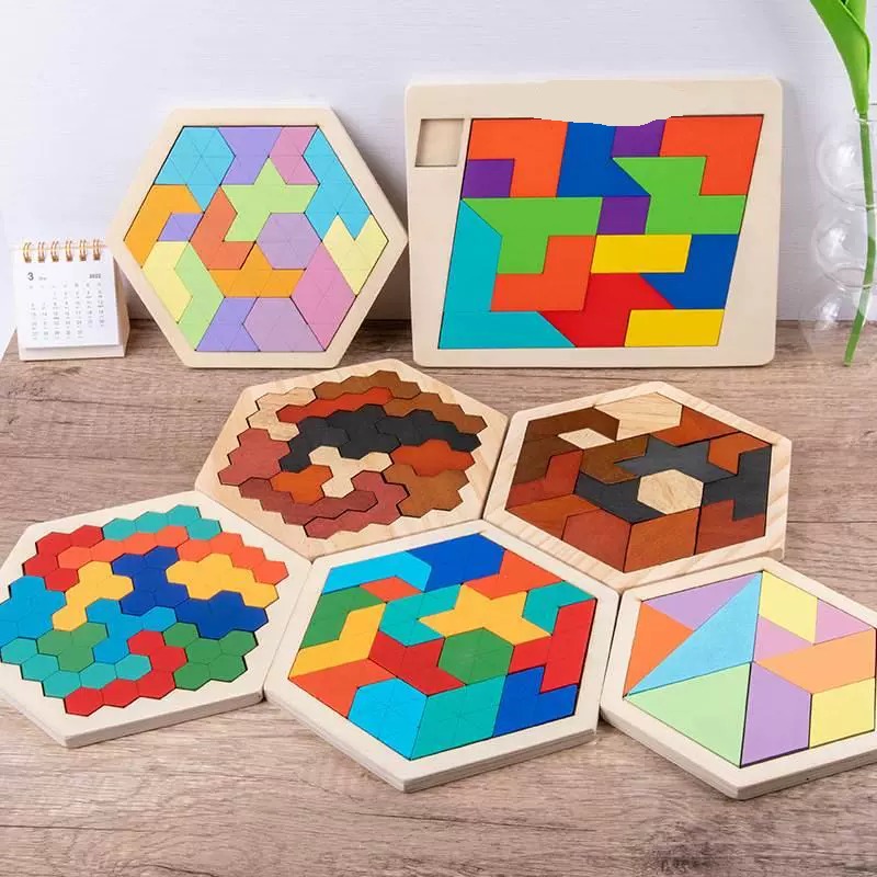 智力七巧板拼图木制小学生六边形几何蜂窝拼板幼儿园宝宝儿童积木