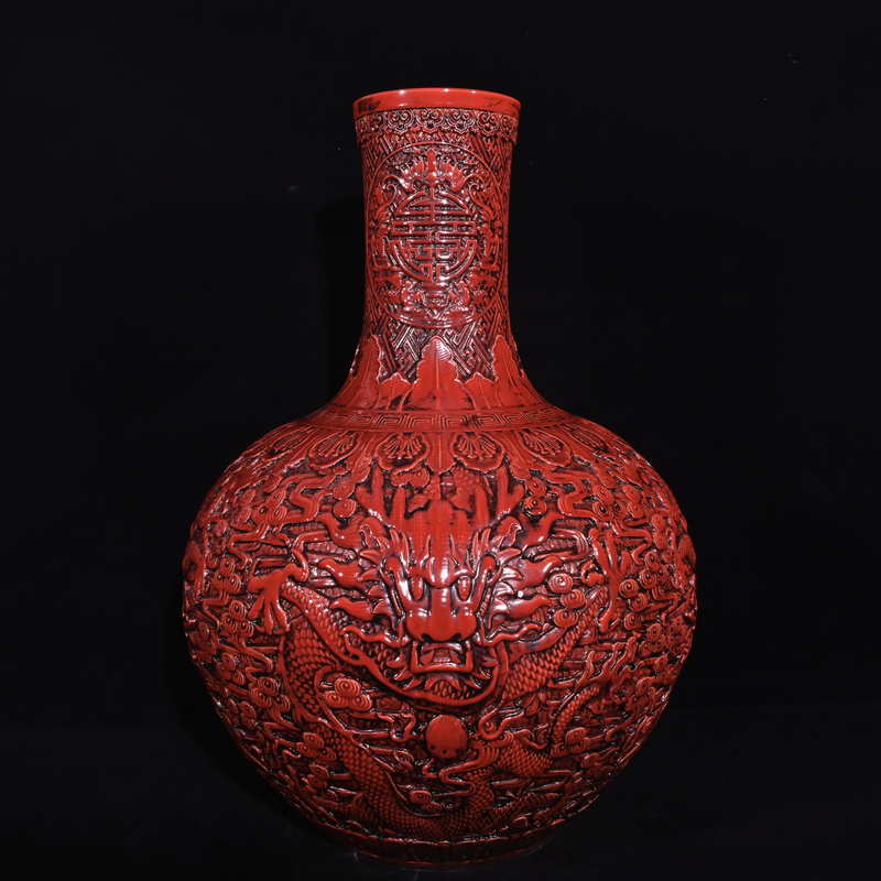 清乾隆红釉高浮雕龙纹天球瓶 古董古玩古瓷器收藏