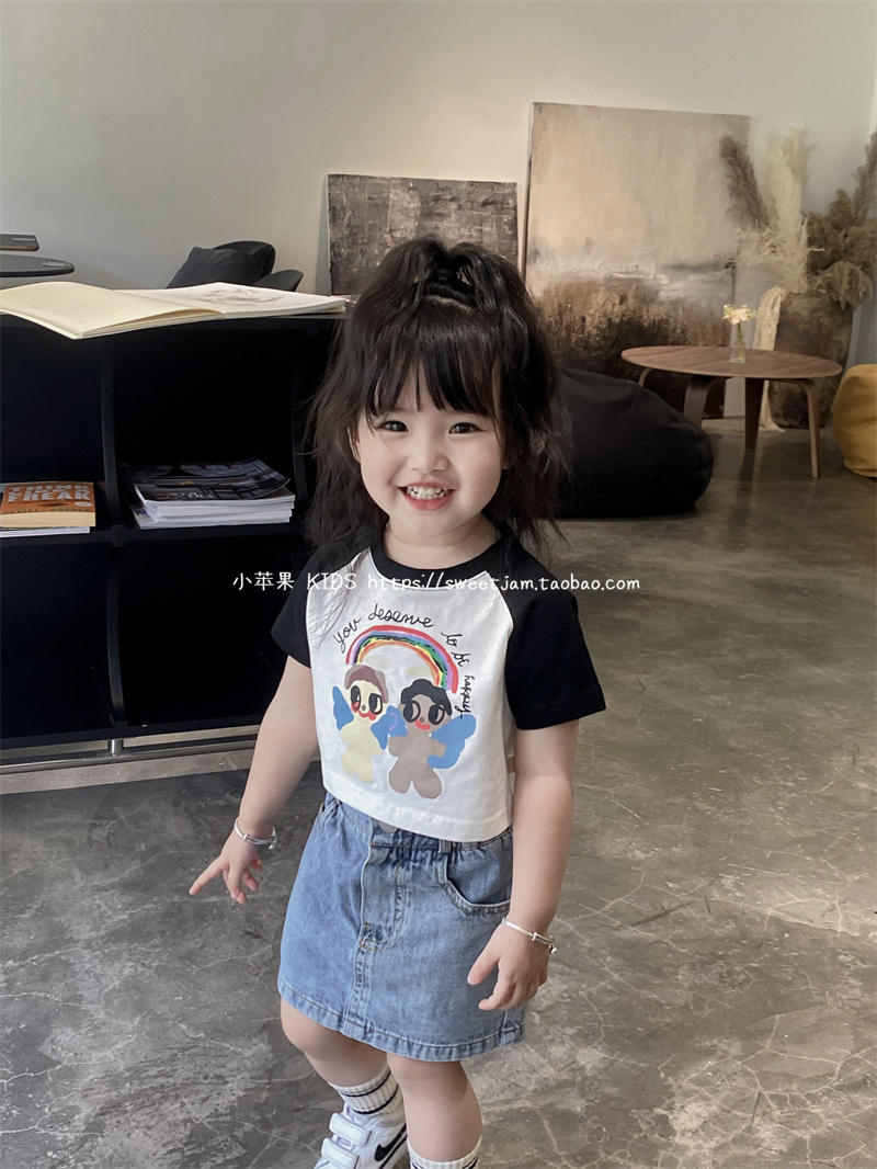 小苹果2024夏韩版女童宝宝百搭可爱卡通印花短袖T恤儿童短款上衣
