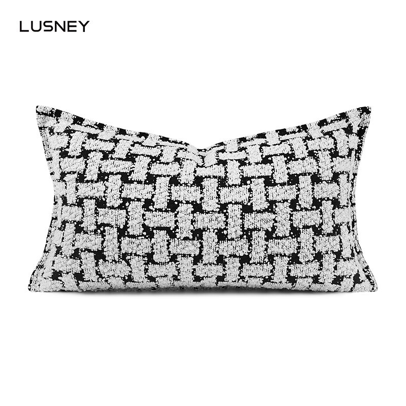 现代轻奢样板房抱枕沙发客厅黑白编织图案棉麻腰枕定制床头软包