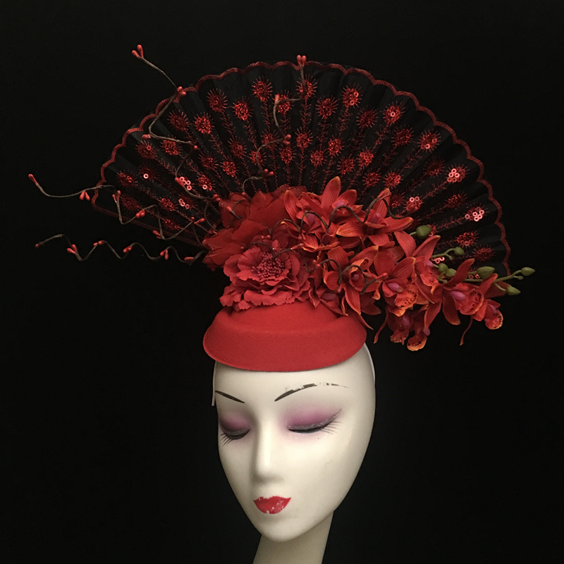 中国风古典森系红色夸张创意扇子头饰 走秀舞台造型彩妆女万圣节