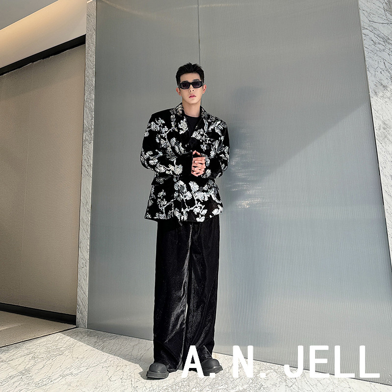 24春ANJELL时尚韩国版男装起义明星同款个性珠片绣休闲裤西装套装