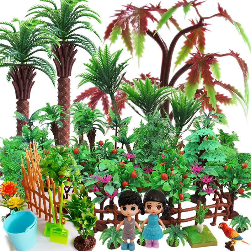 仿真植物树模型柏树椰子树松树石头花草栅栏儿童玩具沙盘配景摆件