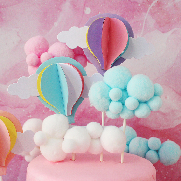 烘焙蛋糕装饰彩色立体热气球白云插旗毛球云朵插件生日派对装扮品
