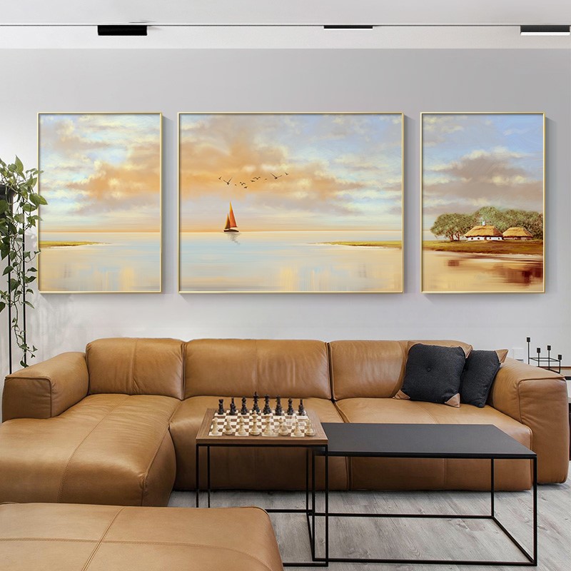 装饰画粉色船三联壁画北欧风抽象沙发背景墙海边日出风景客厅挂画