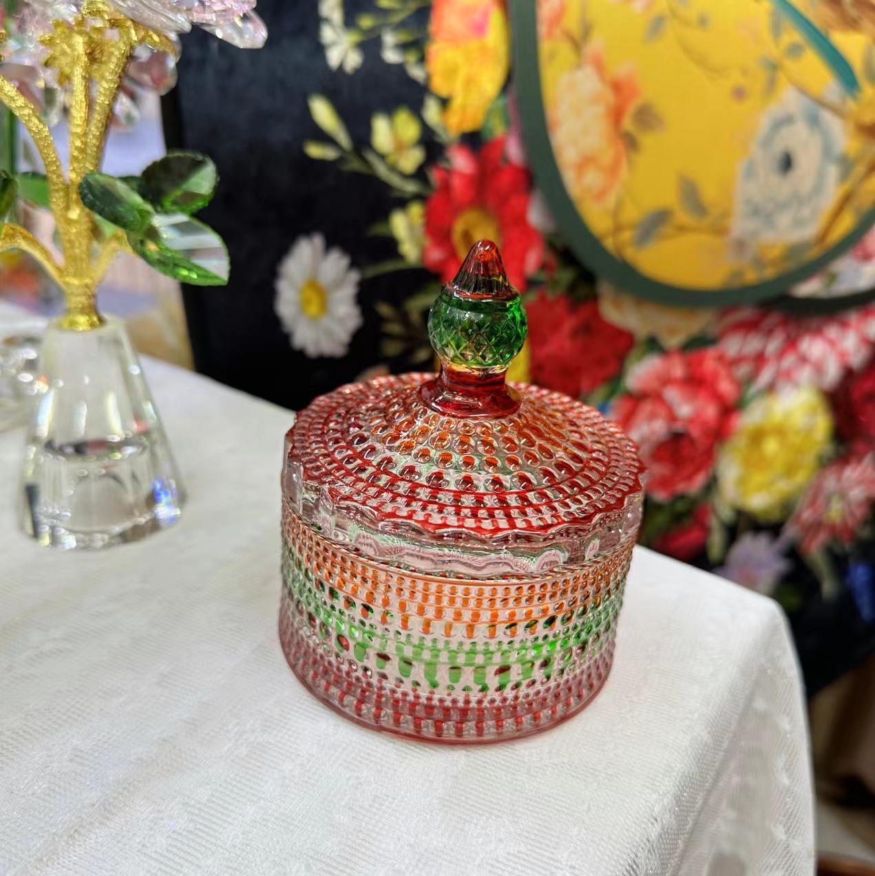 民族风红色蒙古包造型彩绘水晶玻璃储物罐收纳罐摆件SRT