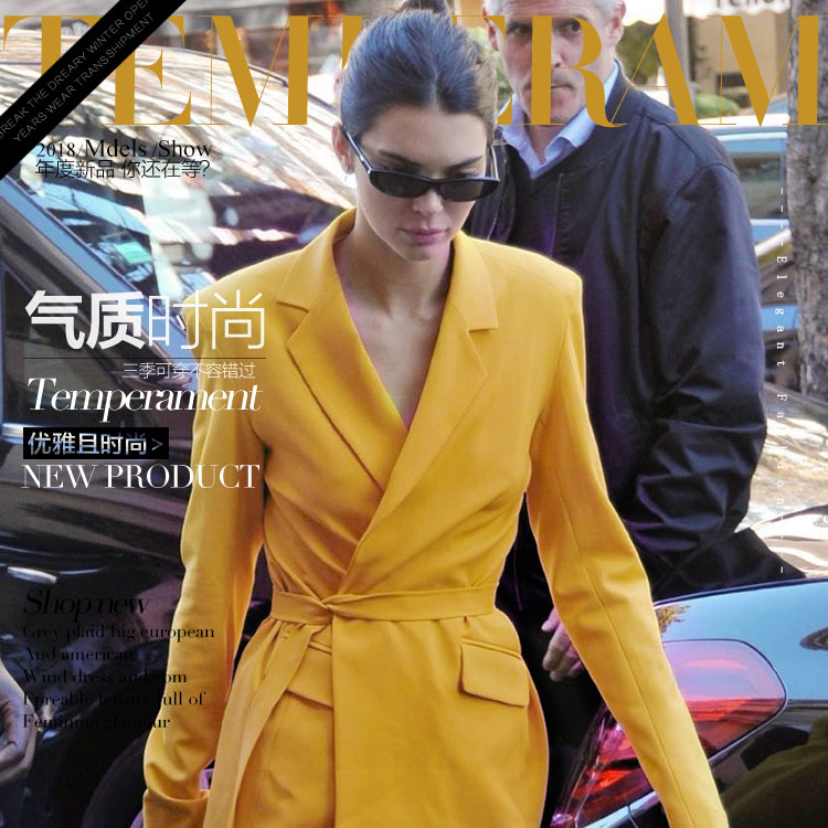 2024春秋女式小西装肯豆Kendall同款街拍好版型休闲黄色西服套装