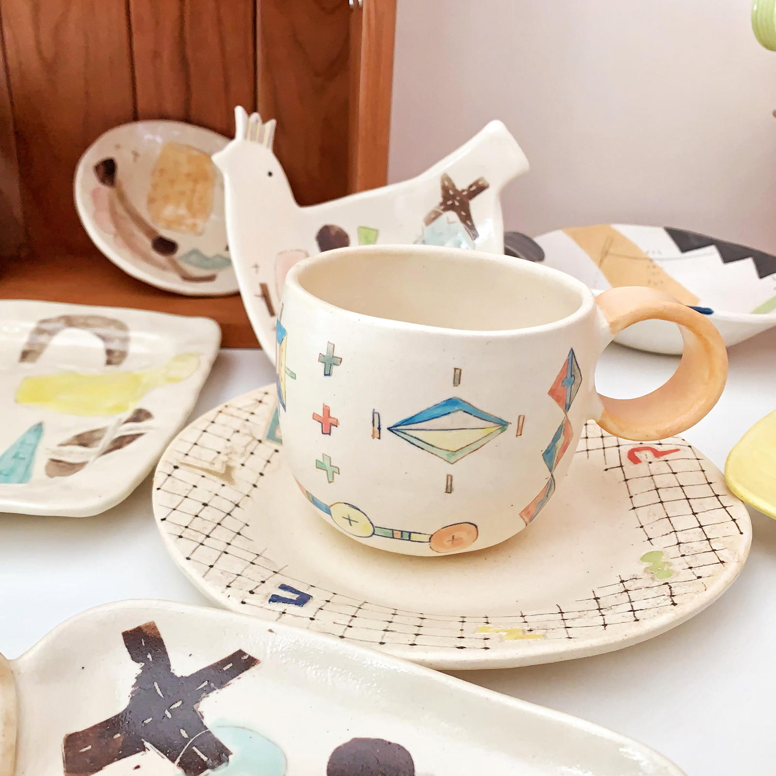 现货日本石丸和美作家手工手绘制作陶器餐具几何图案小鸟碗盘杯子