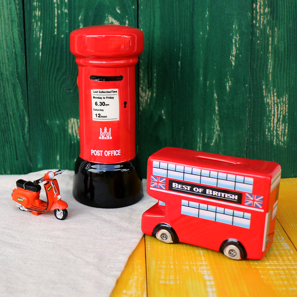 英伦双层巴士红邮筒存钱罐 日式陶瓷笔筒 复古摩托车桌面装饰摆件