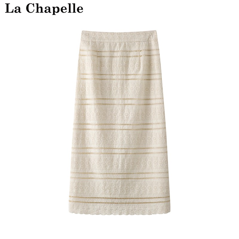 拉夏贝尔/La Chapelle新款简约显瘦镂空半身裙休闲百搭A字中长裙