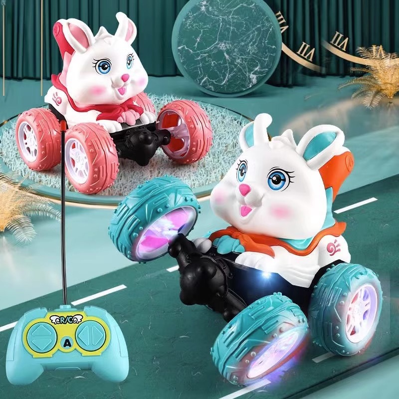新款遥控特技翻斗车音乐灯光卡通兔子舞狮猫咪小狗翻转车儿童玩具