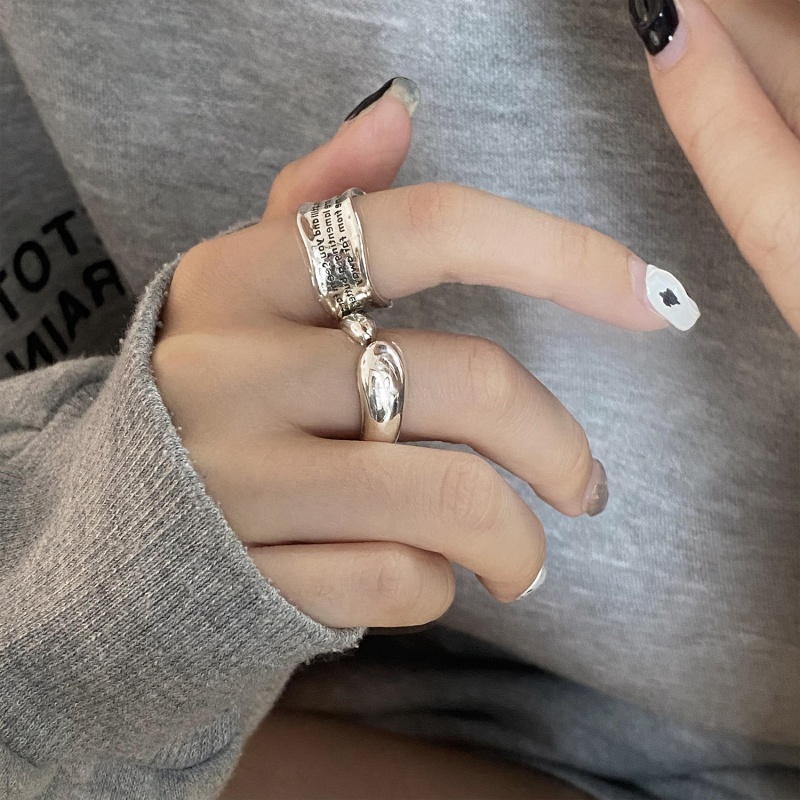 韩版S925银个性波浪字母戒指复古时尚嘻哈夸张开口指环创意食指戒