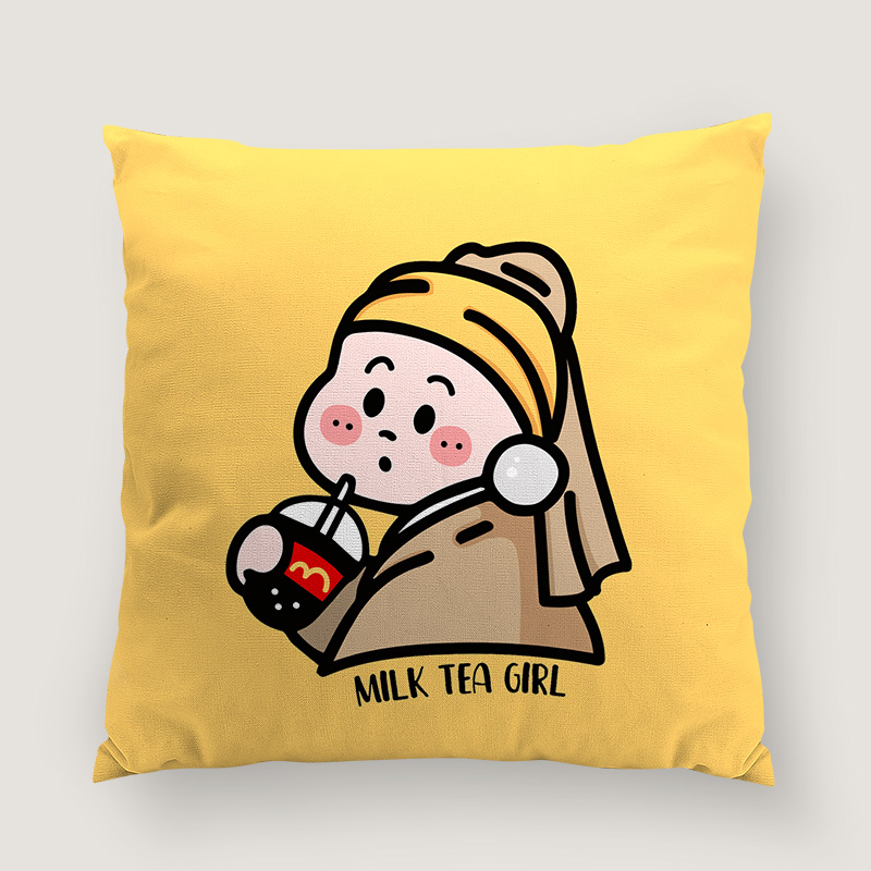 喝珍珠奶茶的原田女孩卡通可爱抱枕被子两用床头靠背垫定制做照片