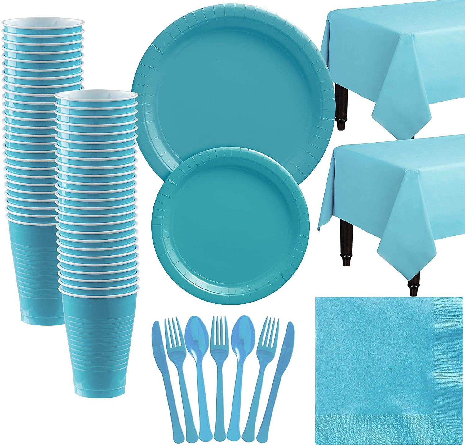 一次性蒂芙尼蓝色纯色塑料盘子圆盘餐具野餐装饰男孩生日蓝色桌布