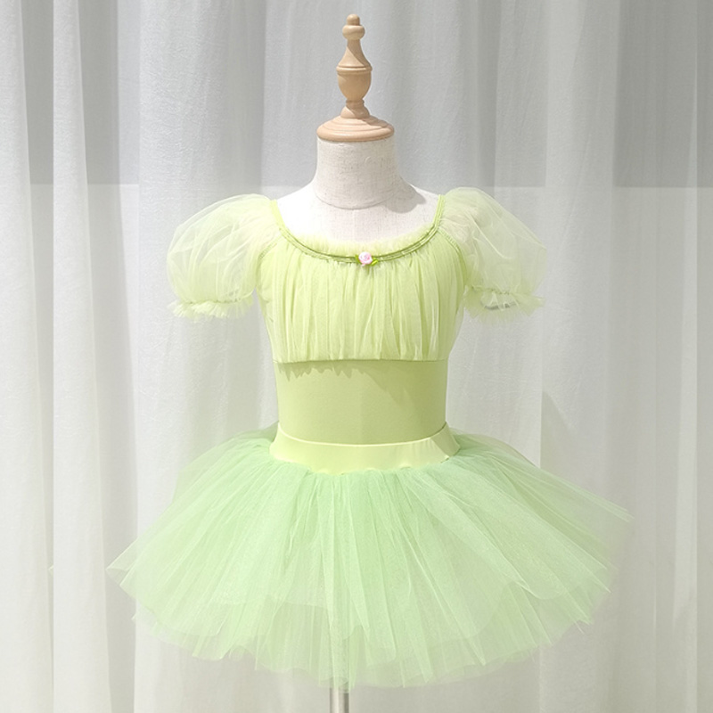 芭蕾舞裙儿童嫩绿色练功服幼儿园舞台表演裙女童短袖分体蓬蓬纱裙
