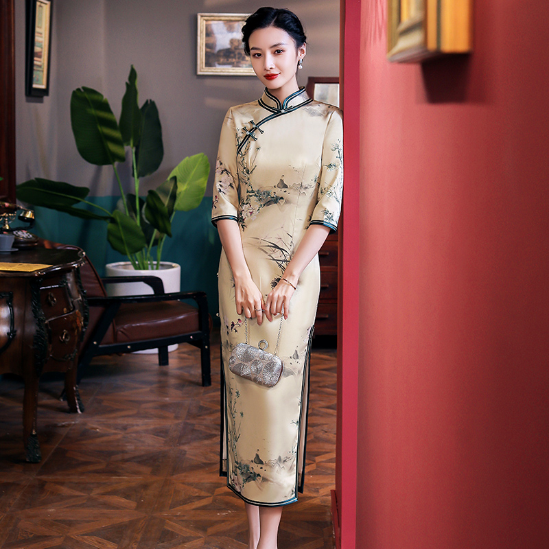 真丝绸旗袍裙长款七分袖2024年春季新品年轻款优雅日常复古中国风