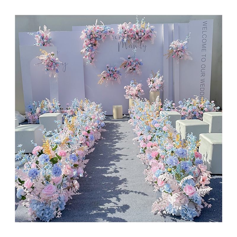 新款婚庆地排花仿真花婚礼布置装饰花排路引花粉色假花蓝色仿真花