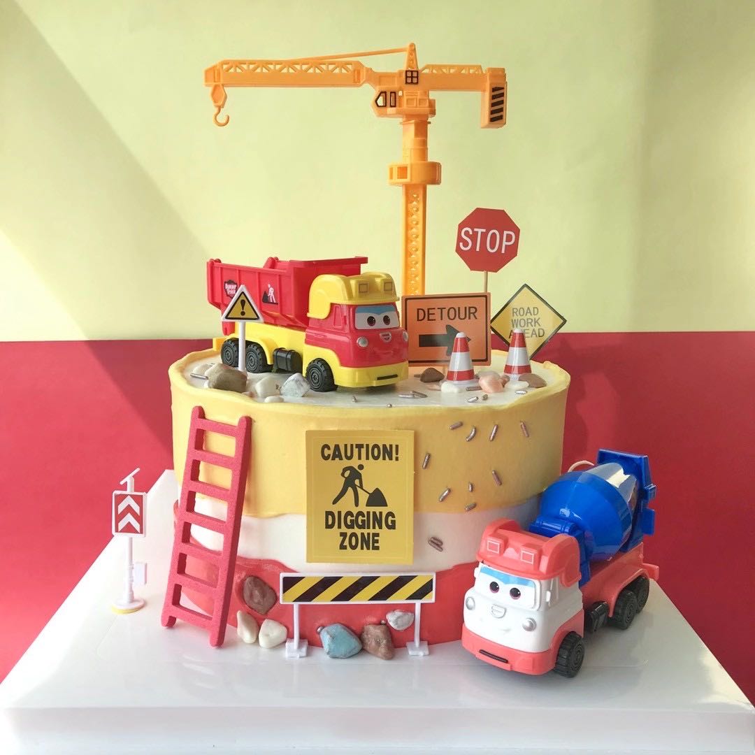 烘焙蛋糕装饰儿童卡通工程车挖掘机搅拌车油罐车路标生日蛋糕装扮