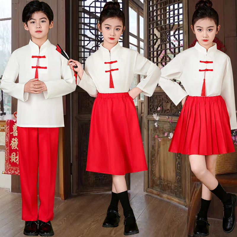 中国风儿童大合唱演出服六一新款中小学生男女爱国红诗歌朗诵礼服