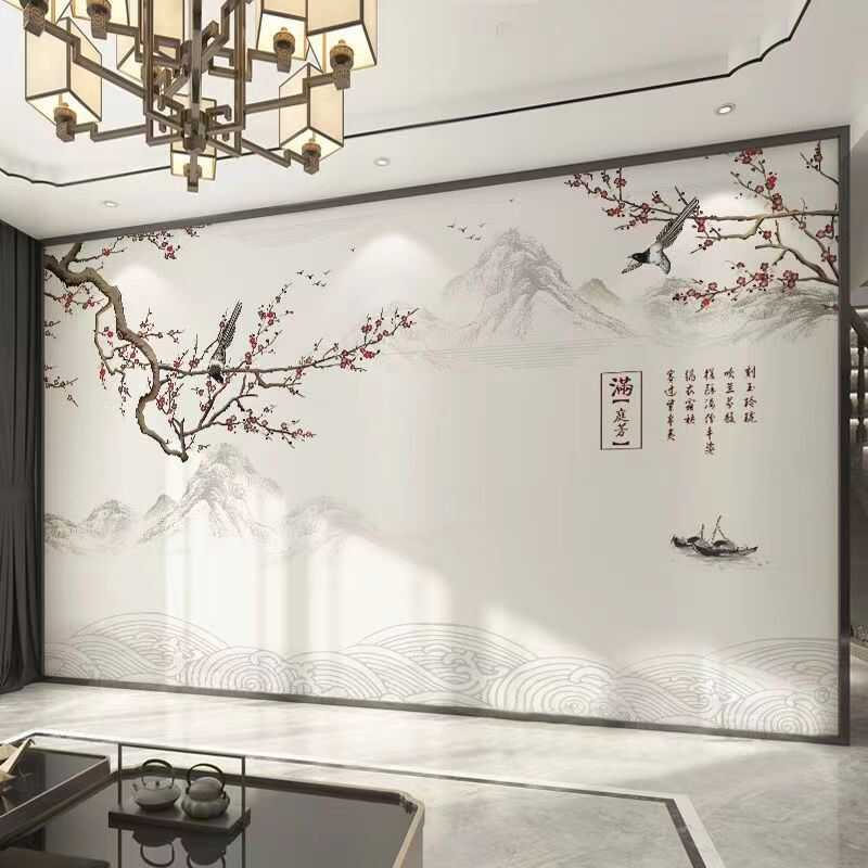 定制中式山水壁画电视背景墙布新中式客厅简约床头花鸟卧室墙纸