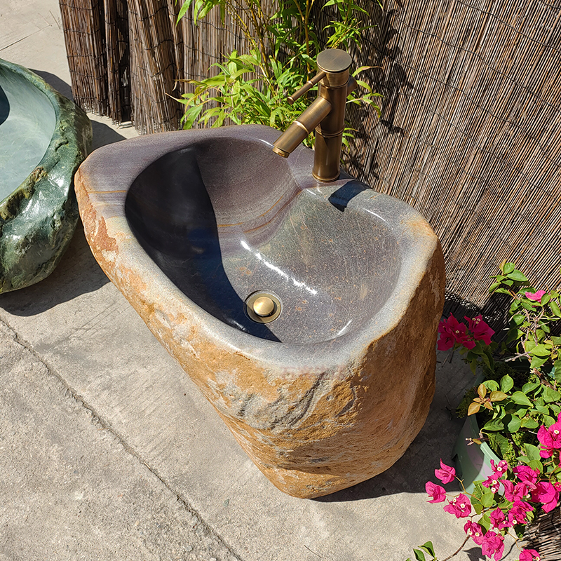 新品自然原始石材一体洗手盆户外花园艺术石头立柱盆小型洗水池槽
