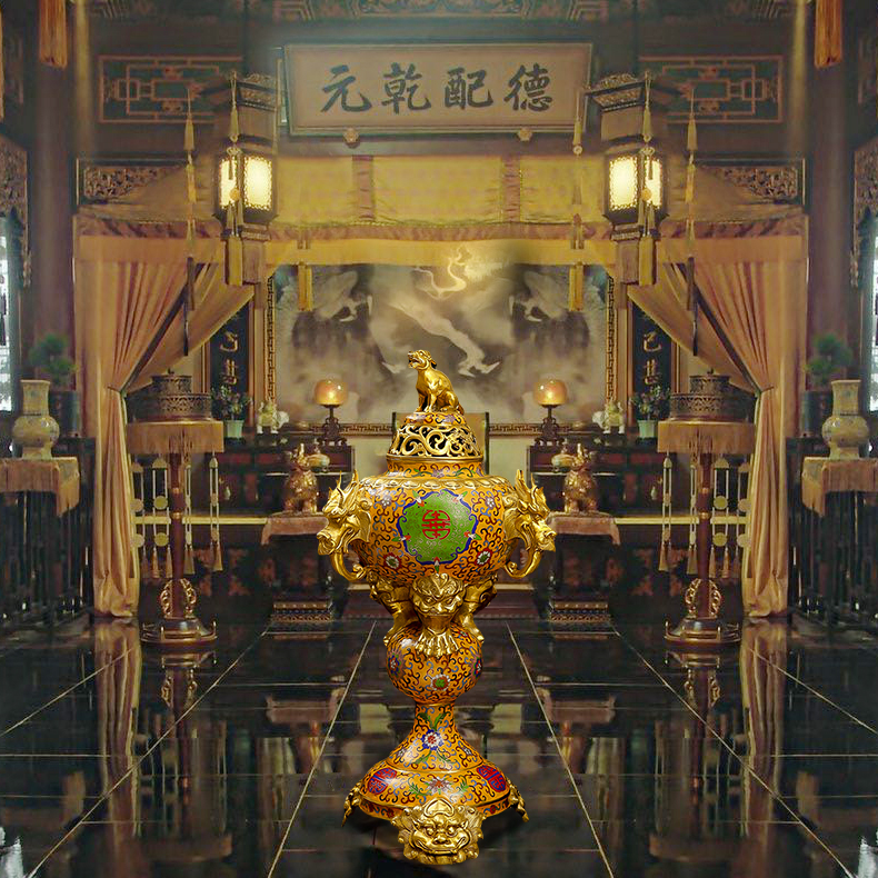 中式家用室内铜胚落地摆件仿古明清宫廷景泰蓝狻猊珐琅神兽熏香炉