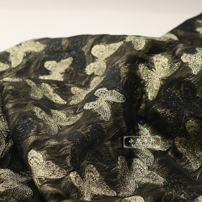 披星戴月的蝴蝶黑金色色织双层织金提花布料挺括褶裙设计师时装料