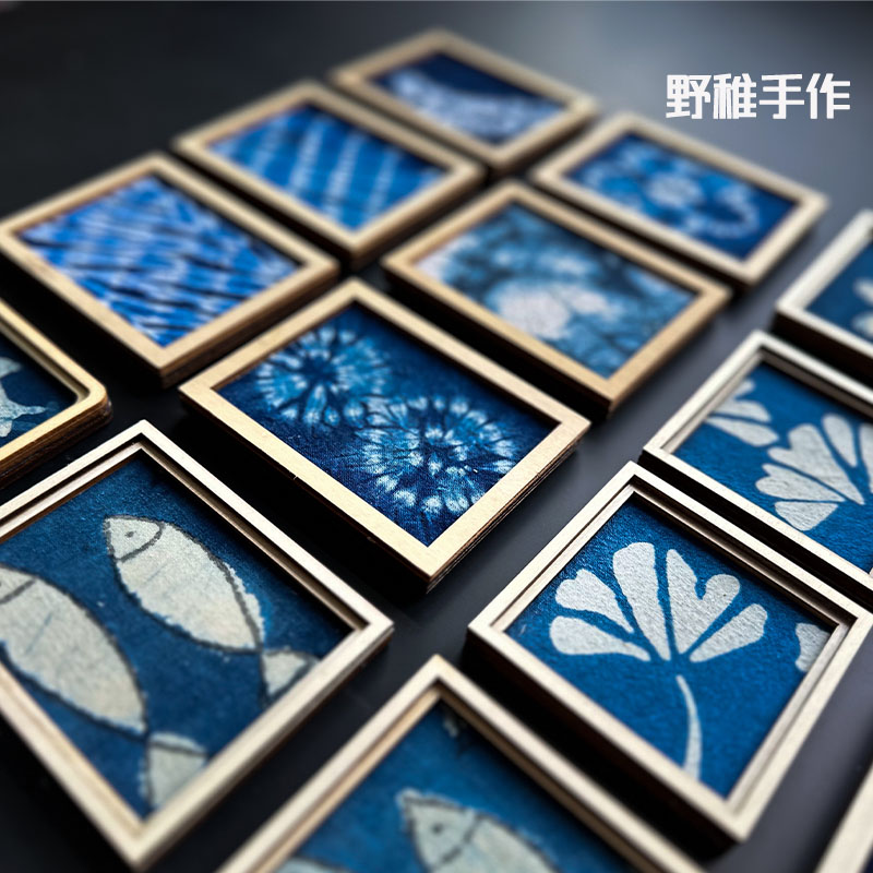 云南文创大理特色扎染冰箱贴手工蓝染复古创意木质复古磁性留言板