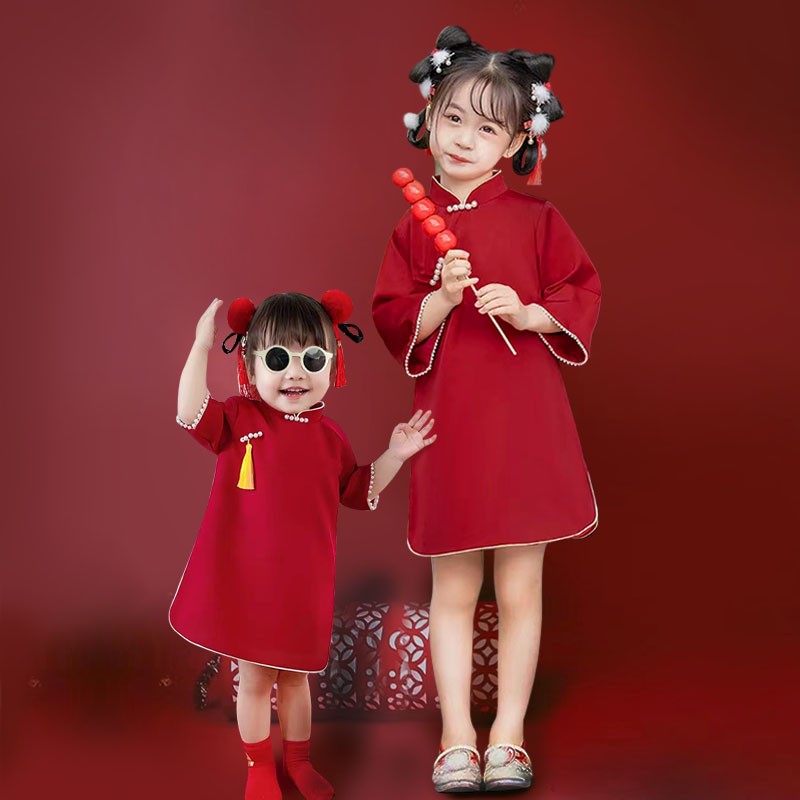 儿童红色旗袍女宝宝中式长袖唐装春秋国风女童周岁宴生日抓周礼服