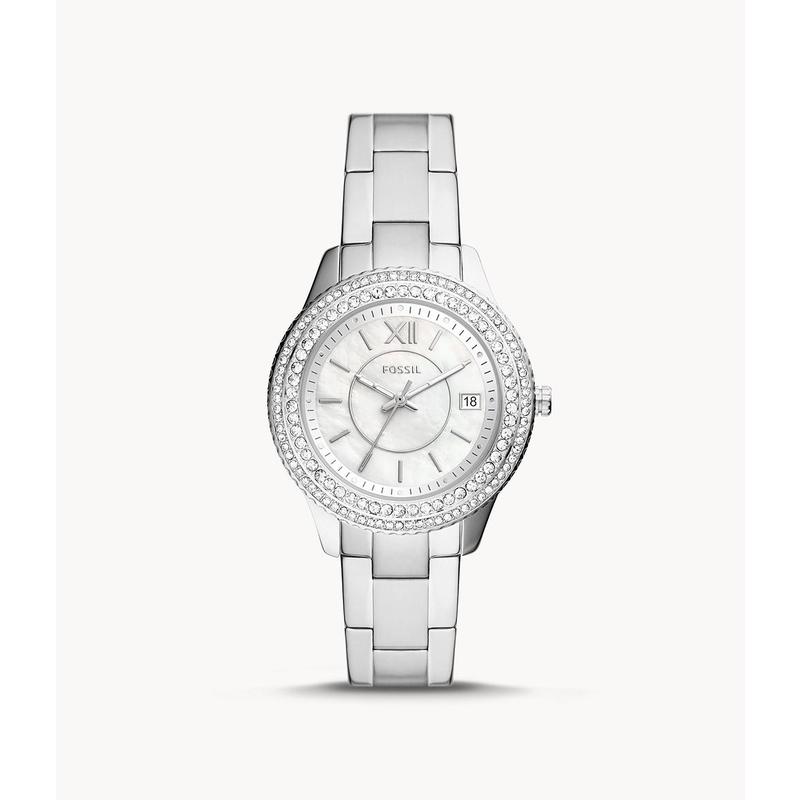 代购Fossil化石女子正品ES5130手表银色水晶镶钻贝母盘钢带腕表