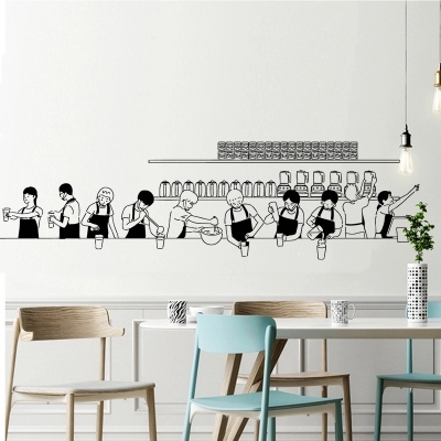 创意奶茶咖啡制作过程图人像 店铺背景墙黑板吧台装饰玻璃贴纸画