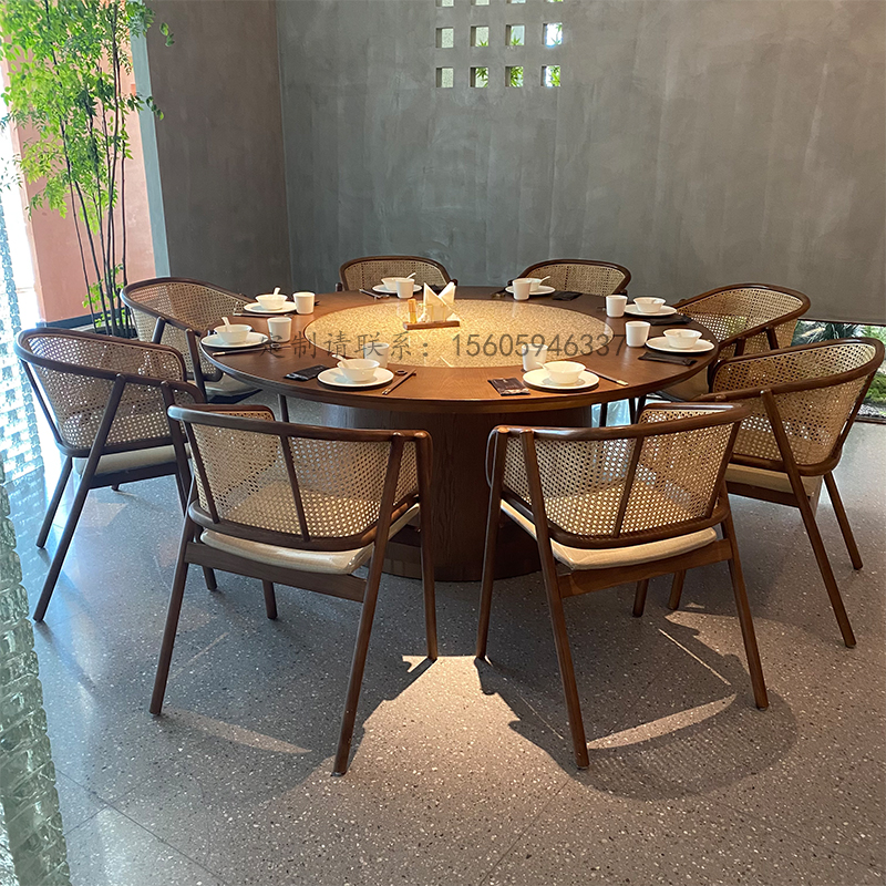 新中式酒店大圆桌餐厅包厢电动餐桌椅组合岩板侘寂风会所家具定制