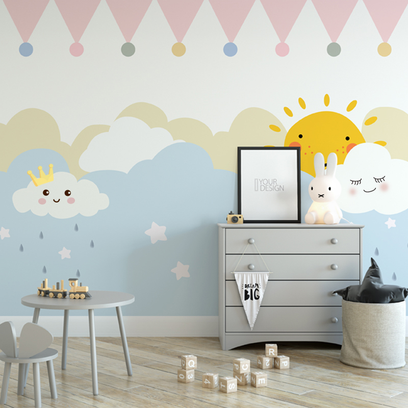 卡通北欧ins儿童房壁纸卧室床头女孩粉色手绘定制壁画墙纸