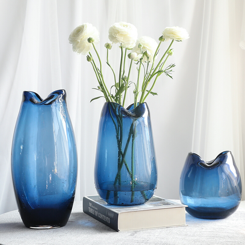 北欧现代造型简约透明玻璃花瓶花器插花高档摆件板房家居灰蓝烟灰
