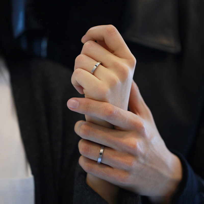 小众设计原创日月情侣戒指纯银一对活口男女学生简约日韩对戒刻字