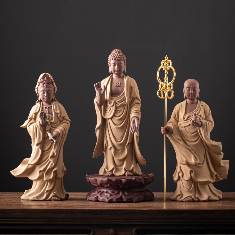 娑婆三圣释迦牟尼佛像观音地藏王菩萨供奉客厅桌面陶瓷工艺品摆件