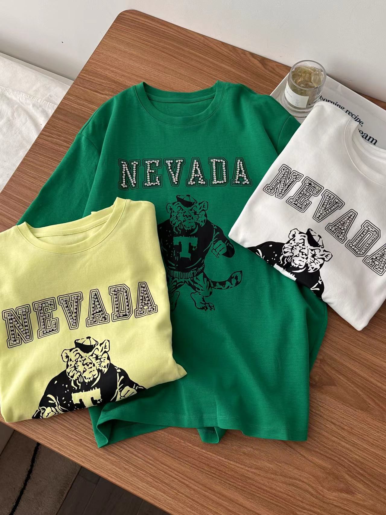 @系列原D！字母Nevada水钻圆领宽松卡通T恤短袖