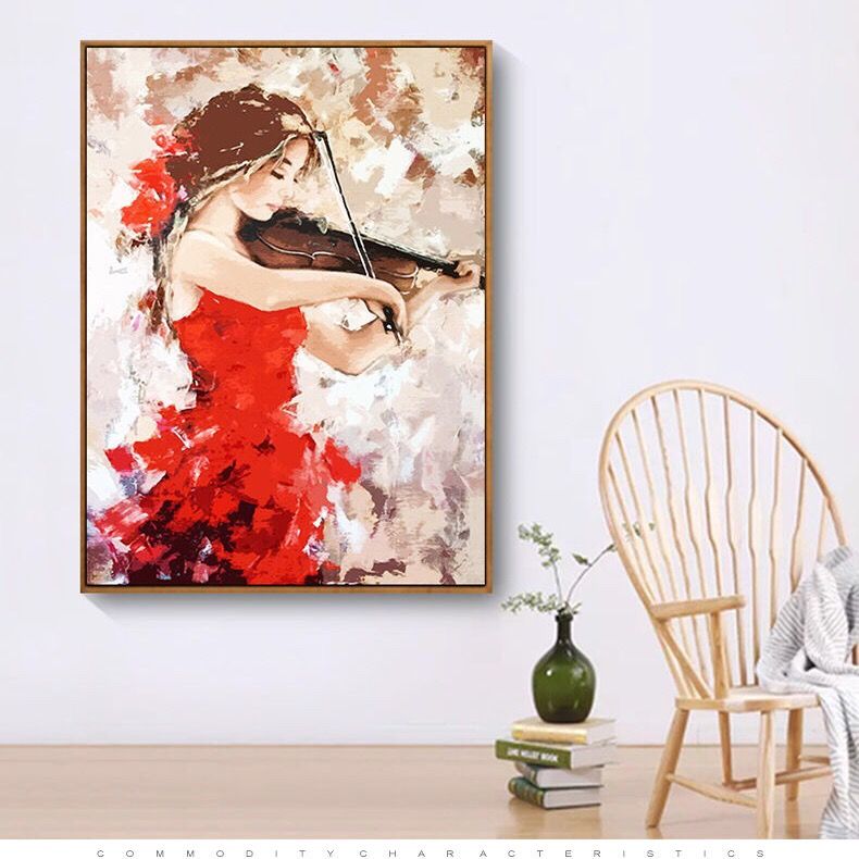 北欧现代小提琴红裙女孩唯美意境抽象印象派原创油画装饰画