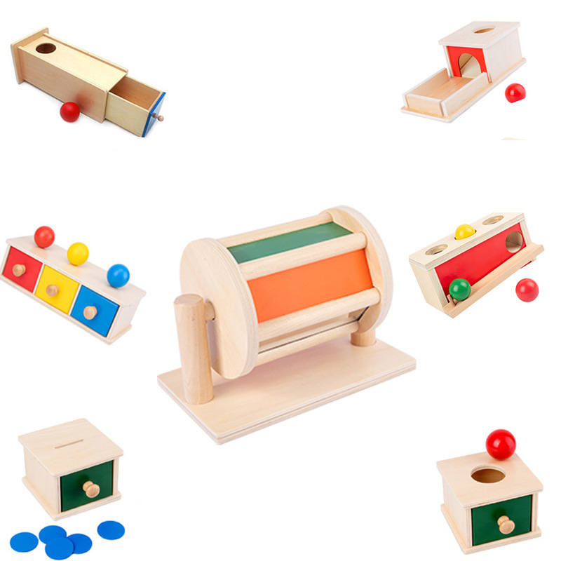 蒙氏1-3岁幼儿园早教投币盒纺织鼓教具 儿童蒙特梭利木制益智玩具