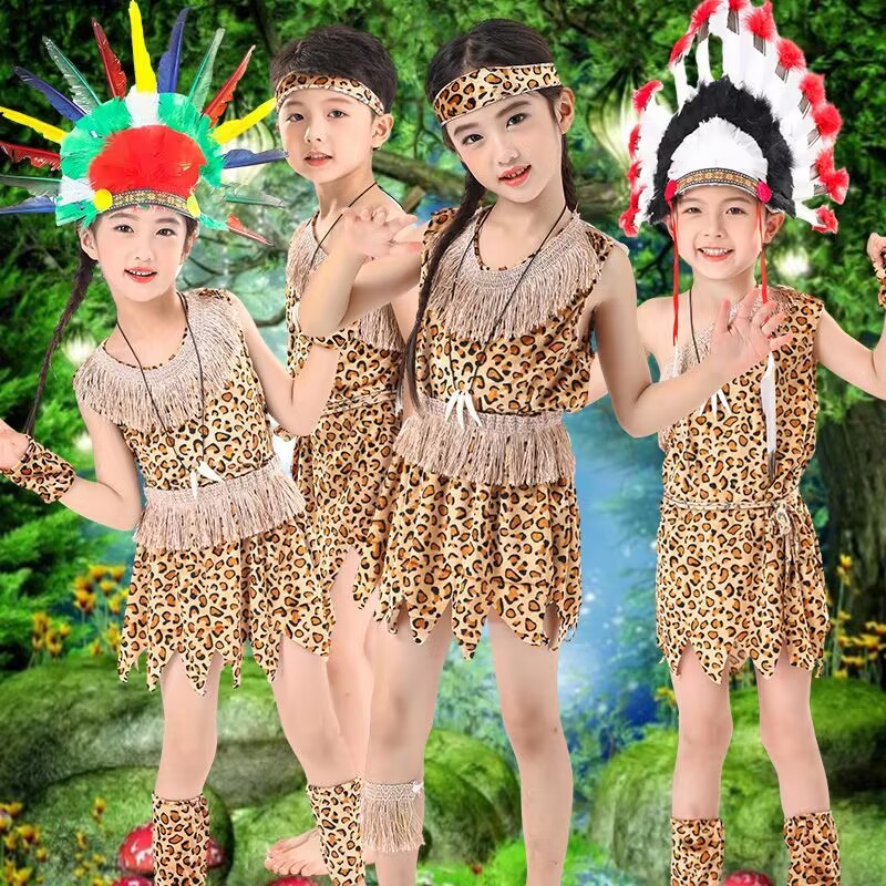 野人服装非洲鼓儿童演出服印第安人土著人幼儿园原始人猎人表演服