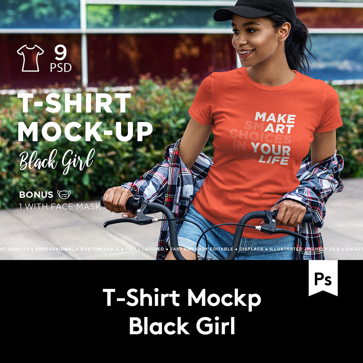 9款黑人女模特T恤半袖衫印花图案设计展示样机PS素材 M2020101604