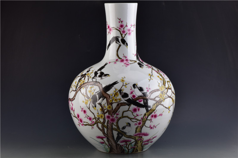 瓷器古玩收藏大清乾隆年制手绘喜鹊梅花十二喜纹大天球瓶