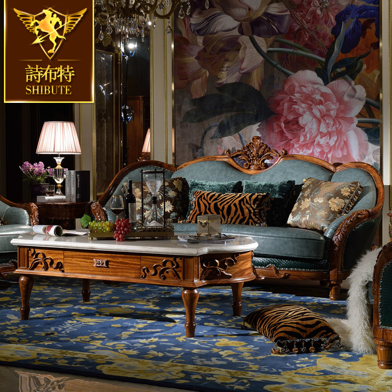 诗布特奢华欧式实木雕花别墅沙发进口非洲乌金木加厚头层真皮沙发