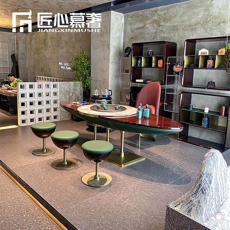 新中式轻奢国潮茶桌椅帆船设计岩板黑檀木雕花高端家用一体泡茶台