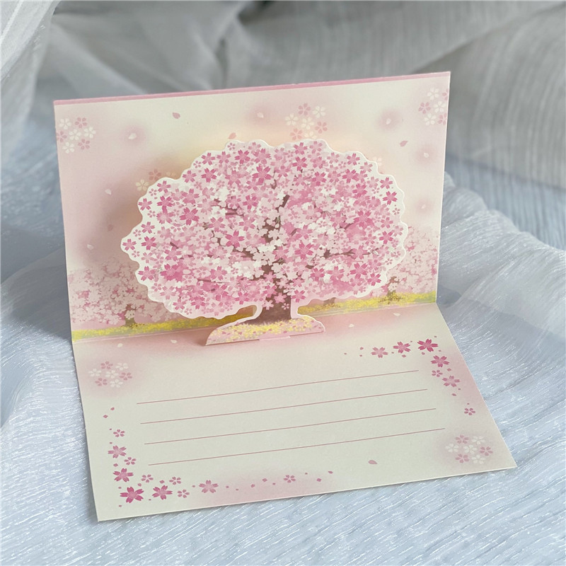 日本樱花树林3D花朵立体贺卡粉嫩浪漫带闪纸雕生日礼物谢师礼物卡