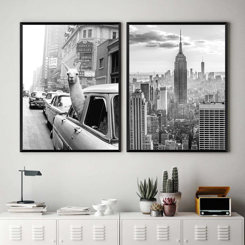 黑白羊驼装饰画纽约城市建筑人文风景摄影挂画复古文艺老照片装饰