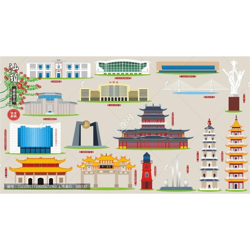 D330广东汕头市AI矢量地标旅游建筑海报设计线稿城市剪影手绘插画