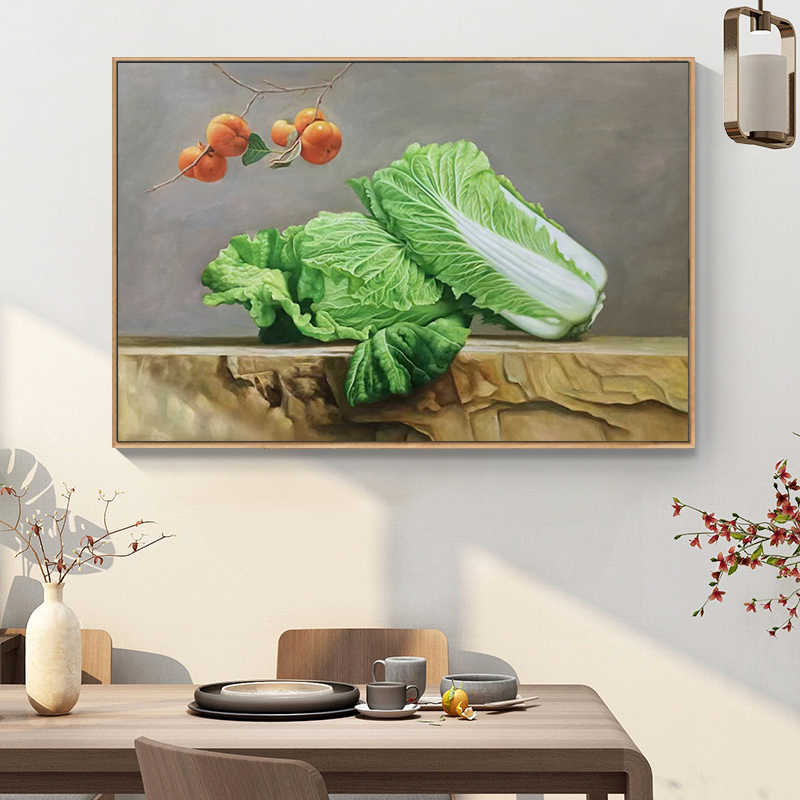 玄关百财大白菜手绘油画客厅如意柿子装饰画新中式超写实静物挂画