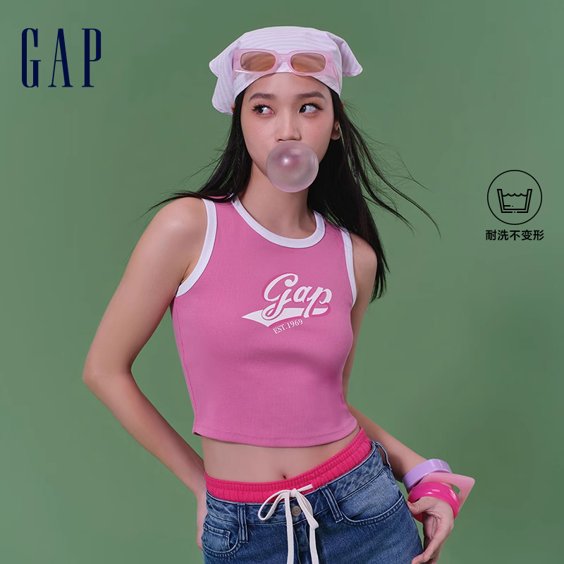 Gap女装2024夏季新款撞色logo罗纹弹力轻薄短袖针织背心873961