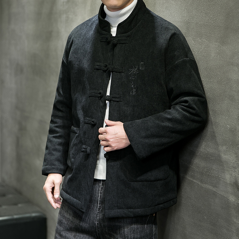 中国风刺绣黑色棉服外套男中式青年中山装棉衣冬季保暖唐装棉袄子
